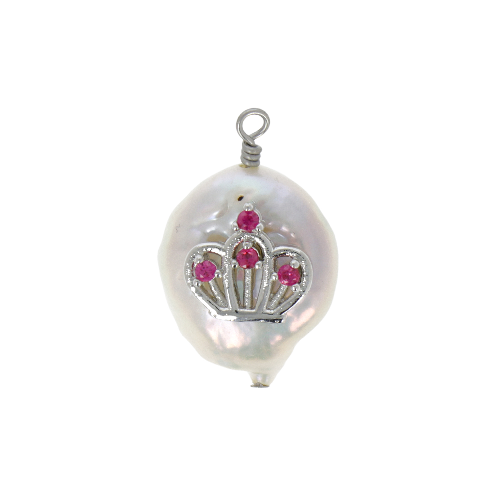 pearl cz pendant - rhodium silver plated crown cz ruby - coin 14mm | 1pc