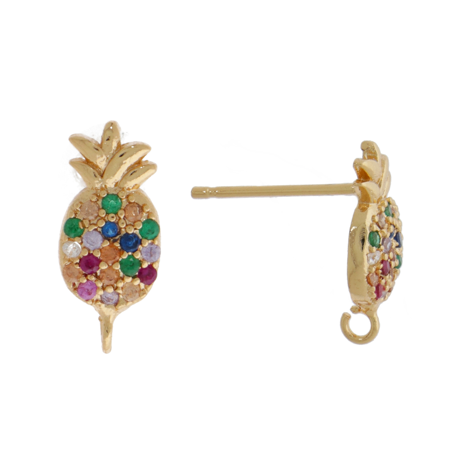 gold plated metal cz post earrings multicolor pineapple 12x6mm | 2pc