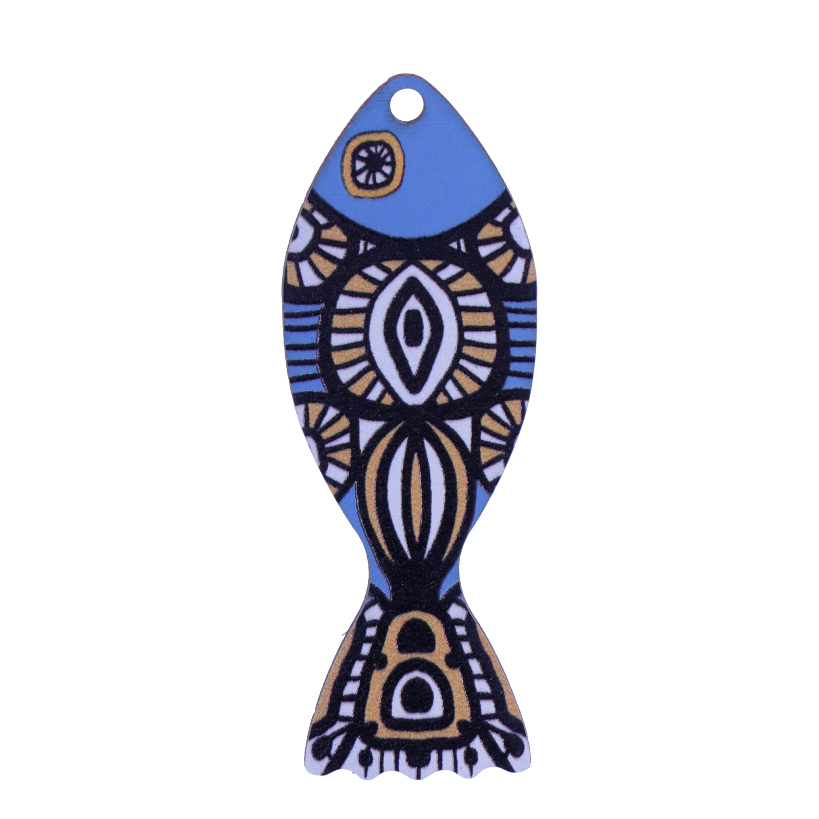 wooden pendant - blue multicolr fish 55x19mm | 1pc