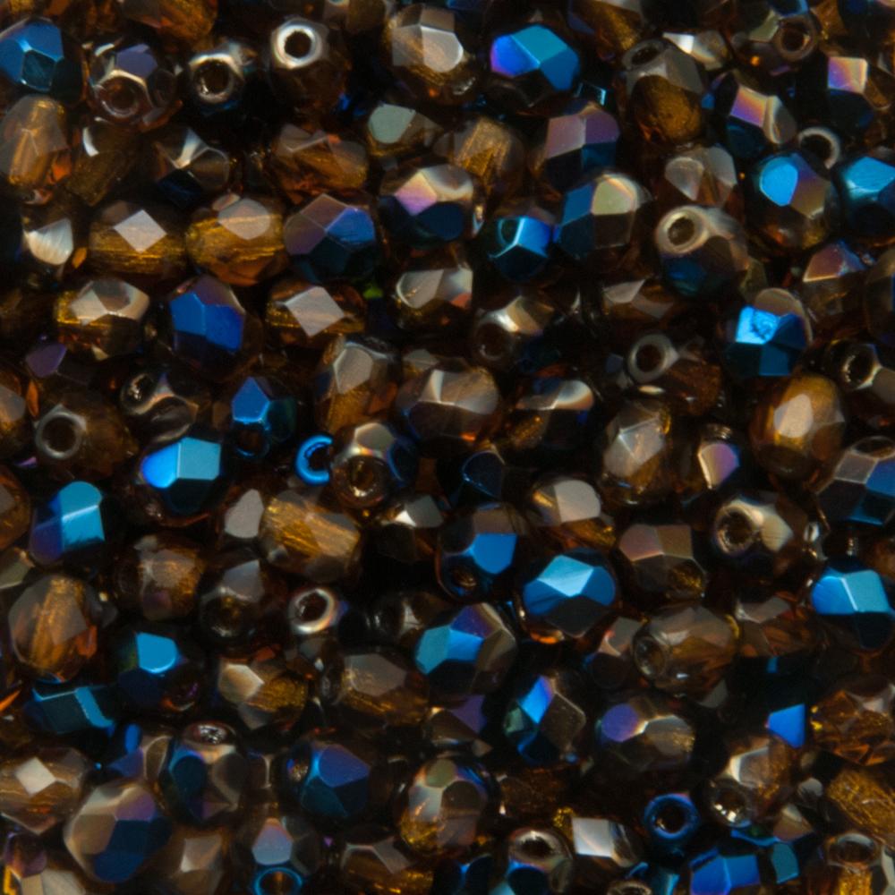 czech fire-polished round beads - dark topaz/iris blue 4mm | 50pc