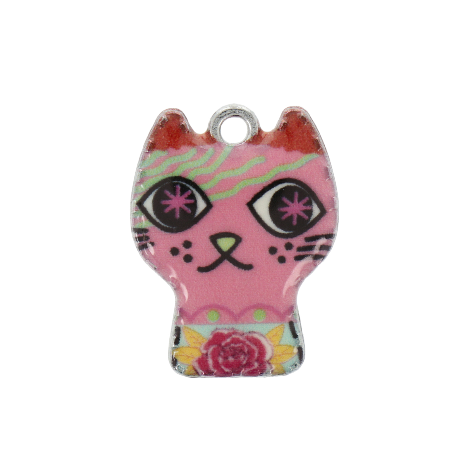 rhodium silver plated pink enameled cat charm 21x16mm | 1pc