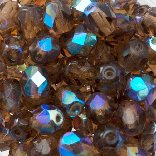 czech fire-polished round beads smoky topaz ab 6mm | 25pc
