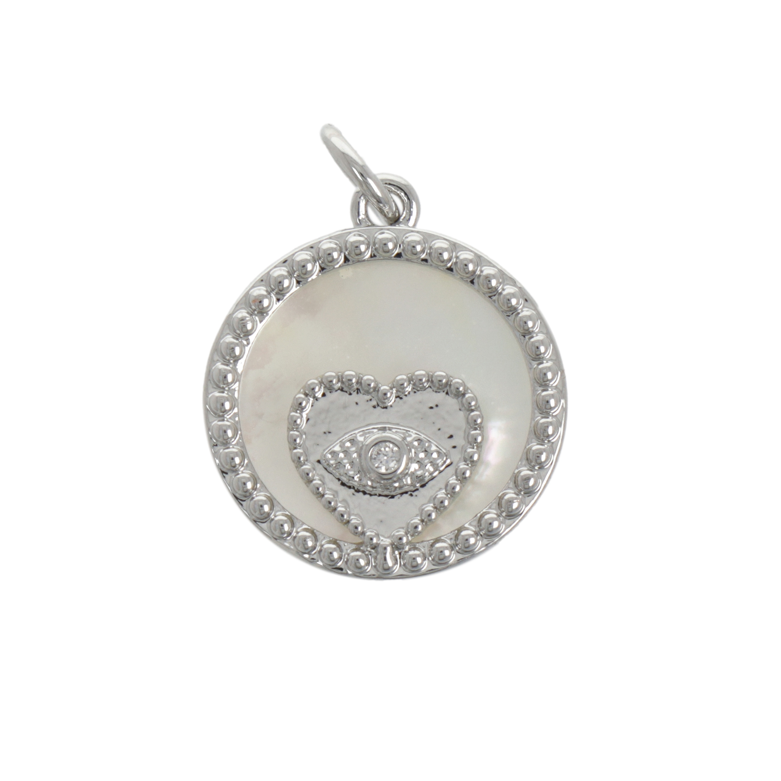 rhodium silver plated metal cz pendant - mother of pearl coin with heart 15mm | 1pc