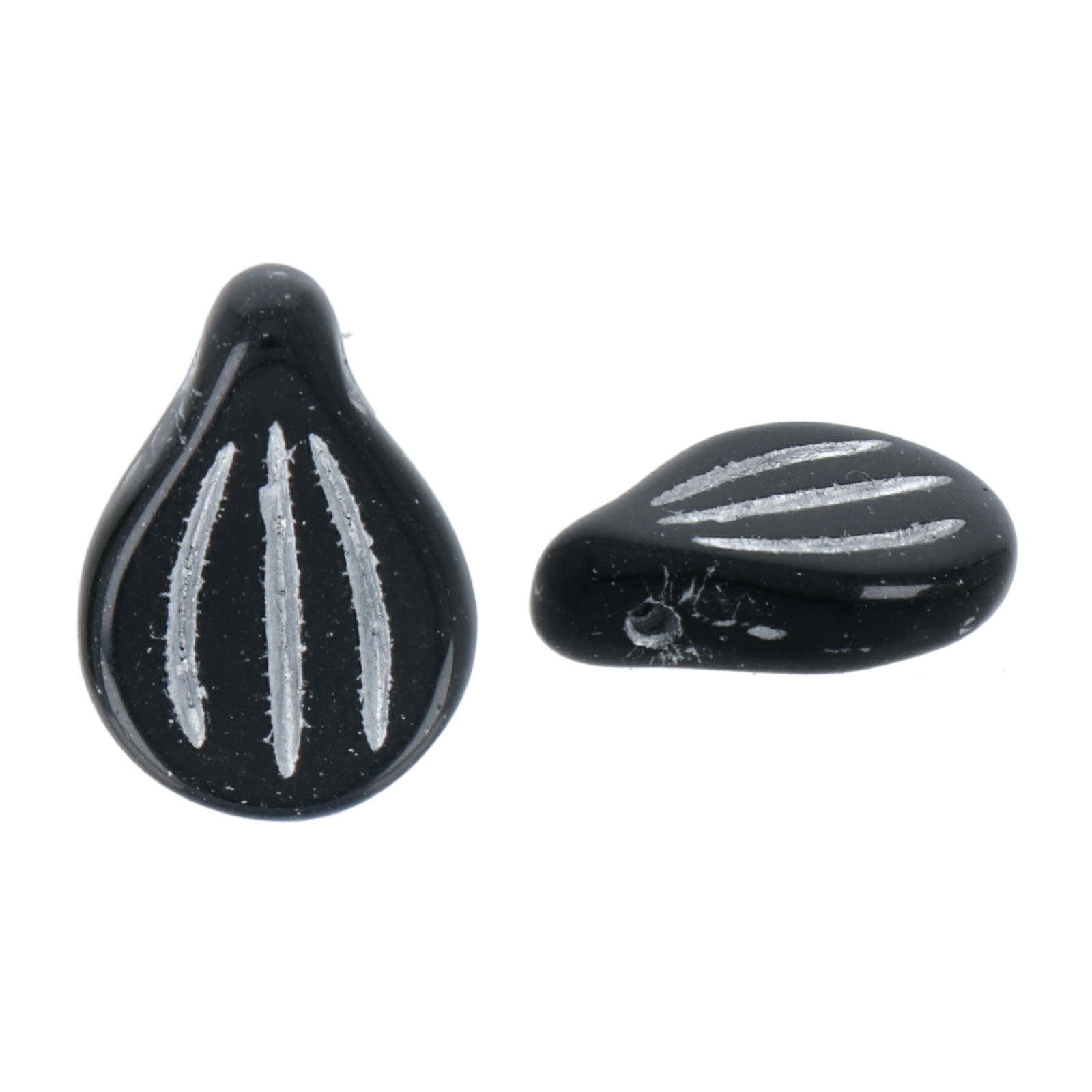 engraved pip glass bead jet/silver 14x9mm | 15pc