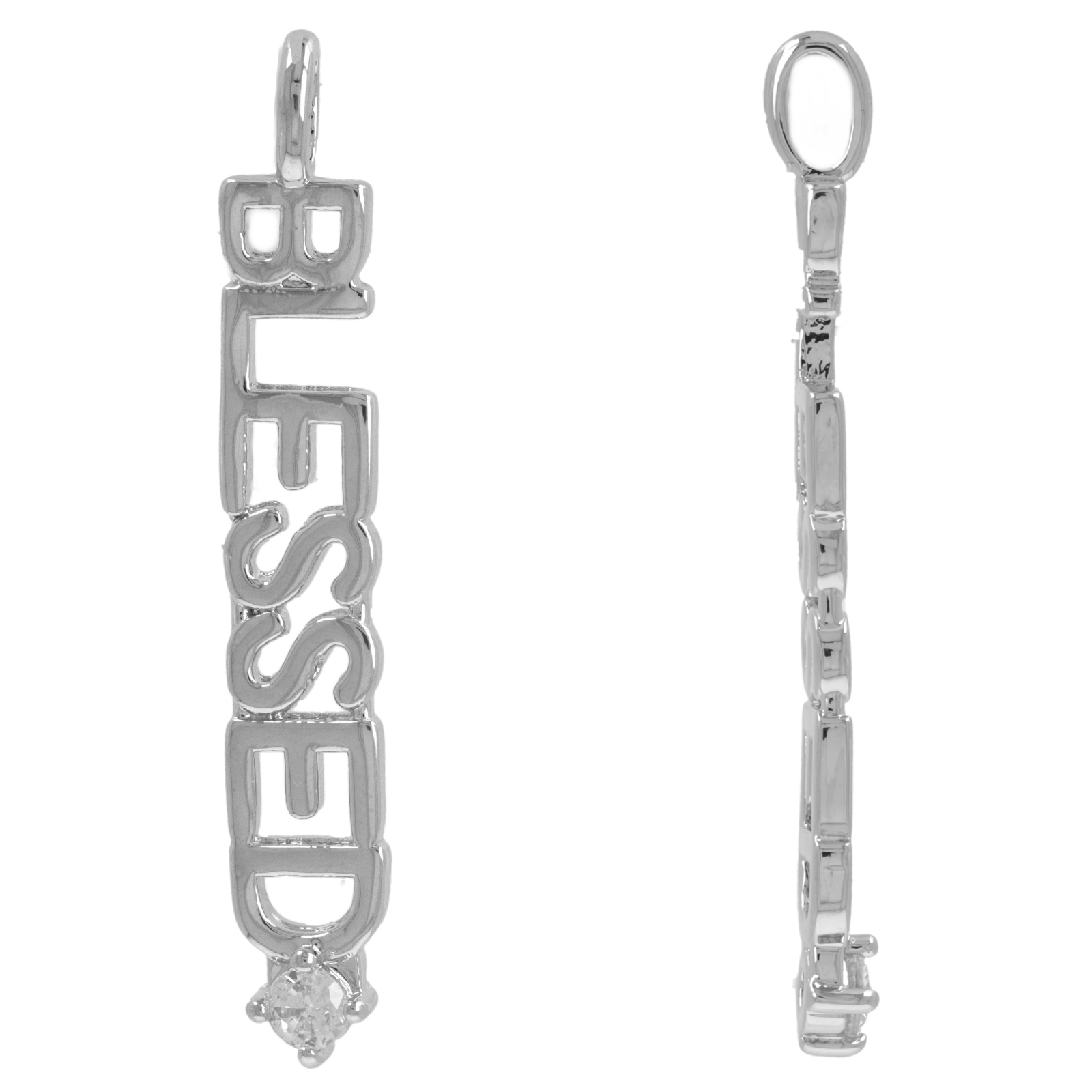 rhodium silver plated metal cz pendant - blessed 42x7mm | 1pc