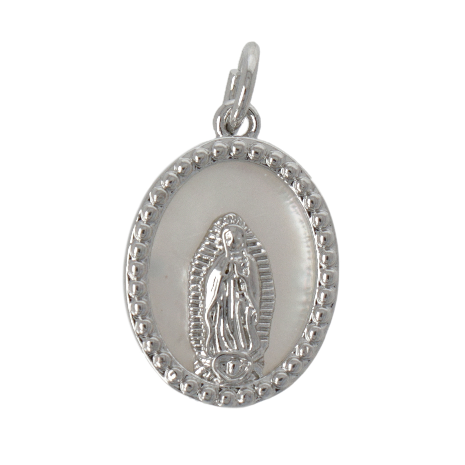 rhodium silver plated metal cz pendant - mop sacred image oval 17x12mm | 1pc