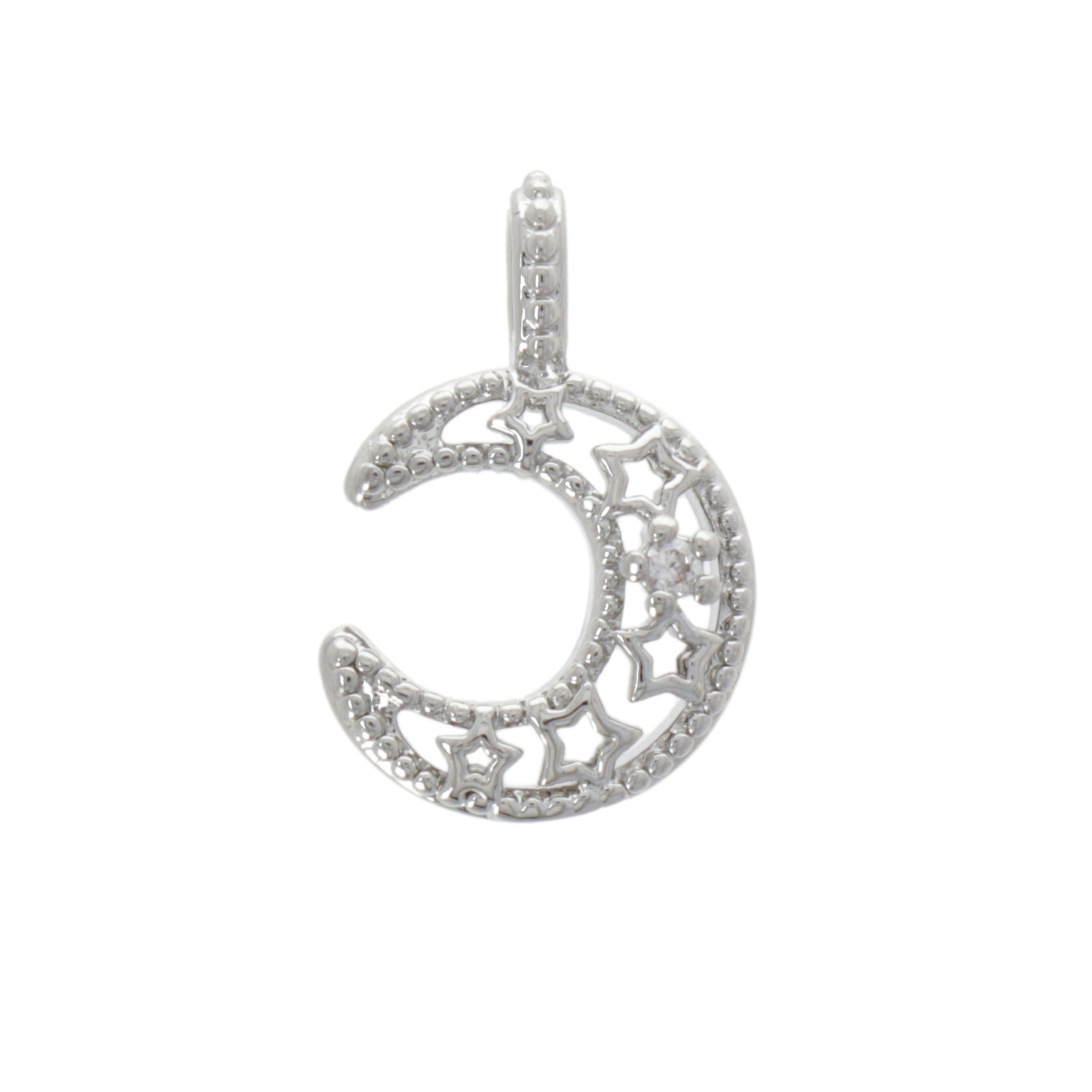 rhodium silver plated metal cz charm - moon 16x10mm | 1pc