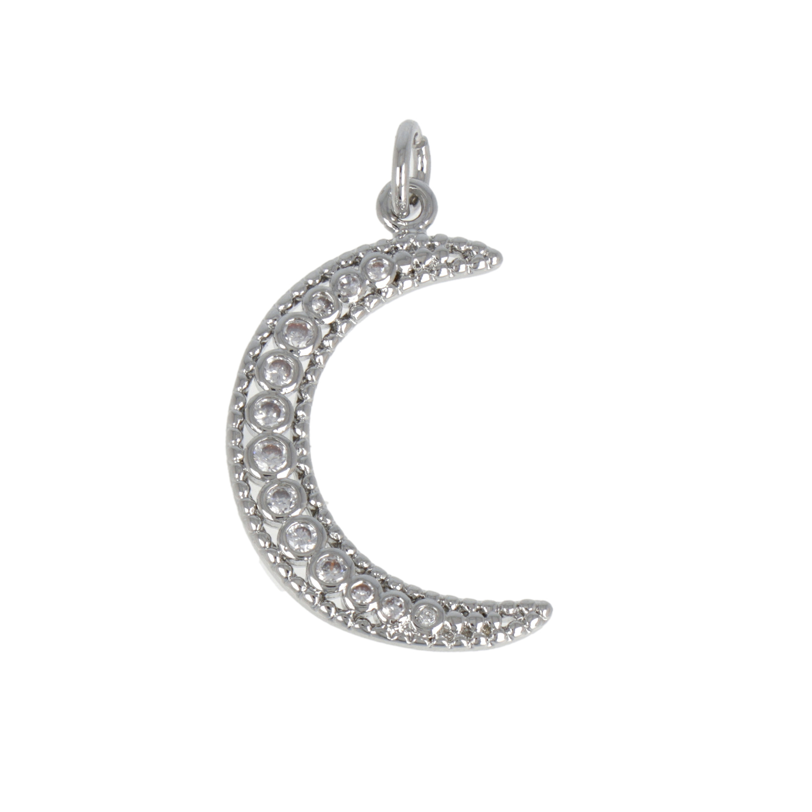 rhodium silver plated metal cz pendant - moon 22x14mm | 1pc
