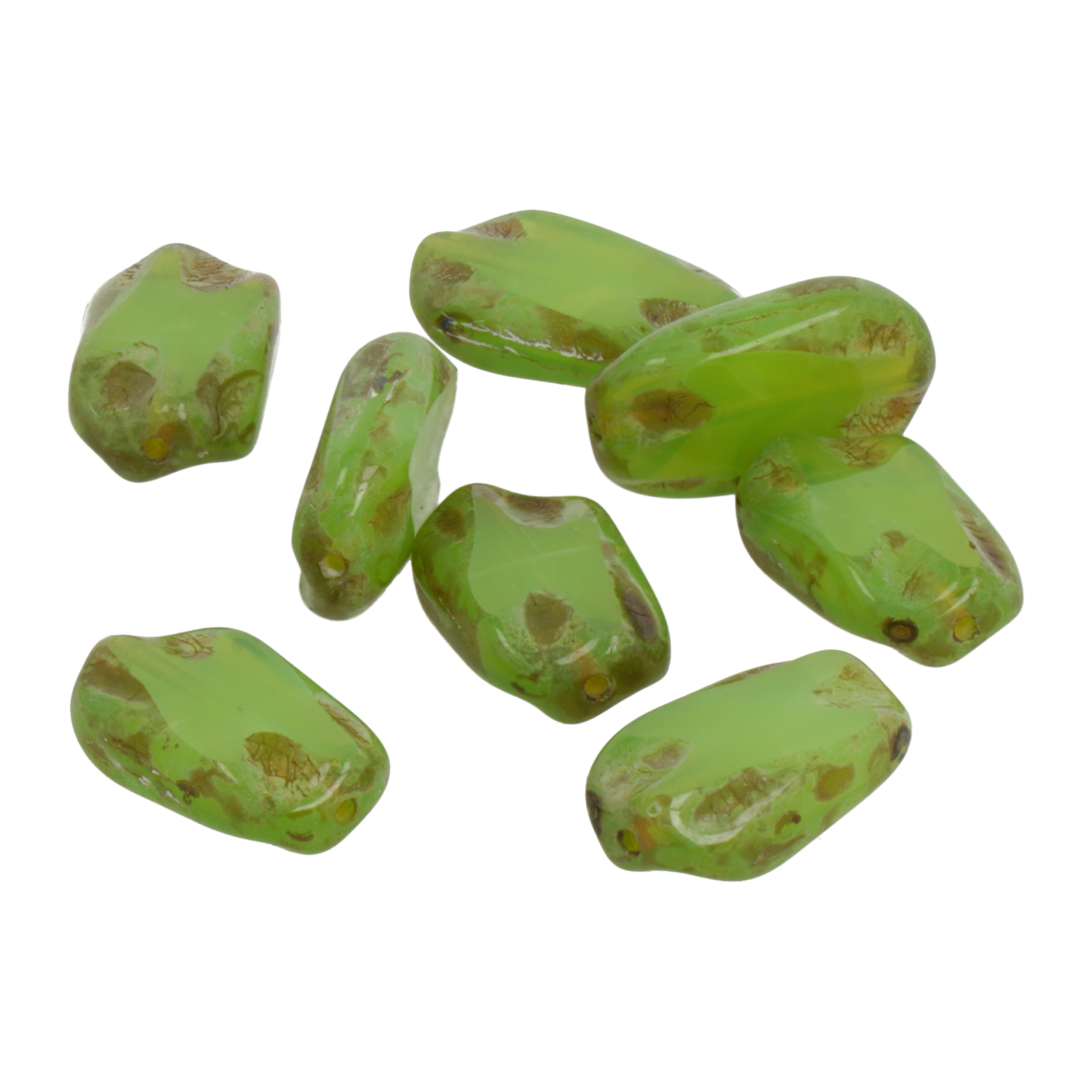 pressed czech glass beads - green chip oval 16x8mm | 6pc