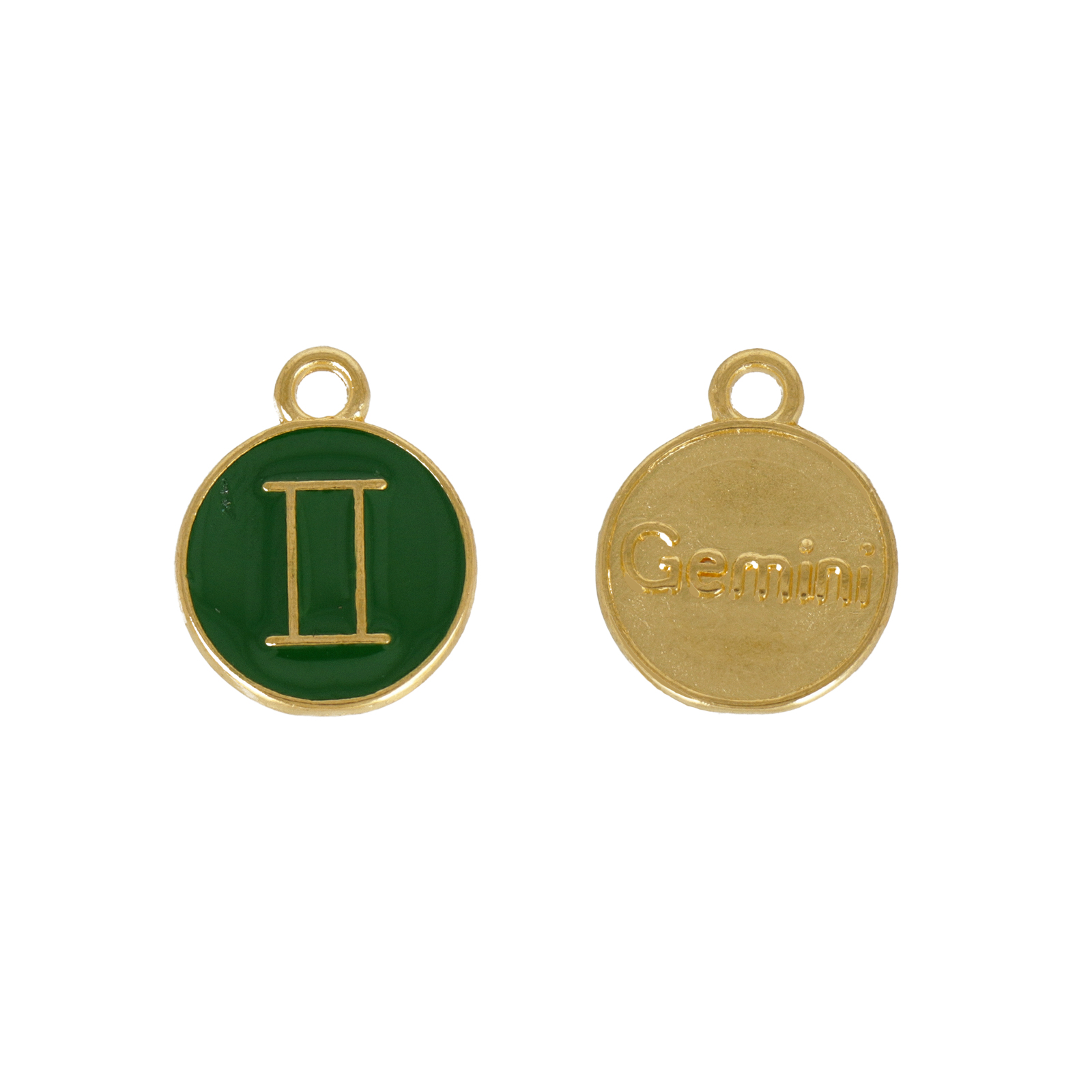 gold plated zodiac charm gemini green enameled coin 12mm | 1pc