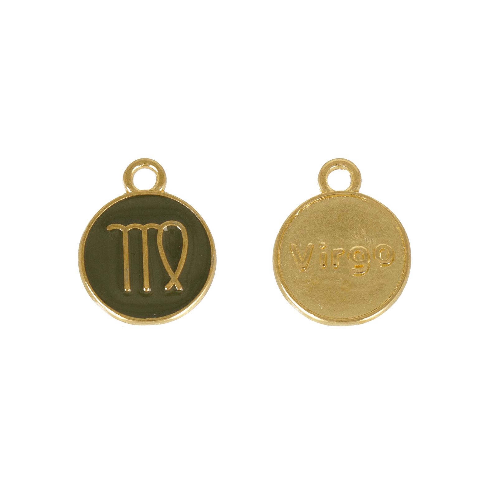 gold plated zodiac charm virgo khaki enameled coin 12mm | 1pc