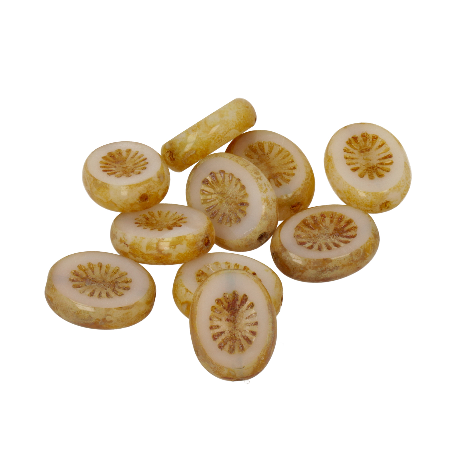 pressed czech glass beads - beige carved table cut oval 14x10mm | 10pc