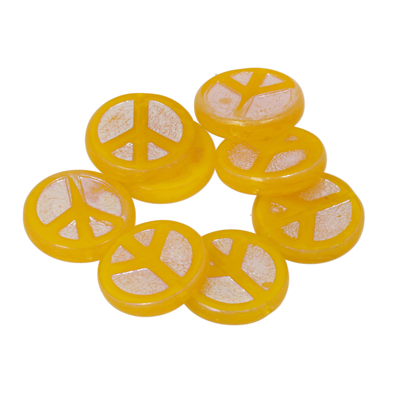pressed czech glass beads - yellow peace coin 15mm | 4pc