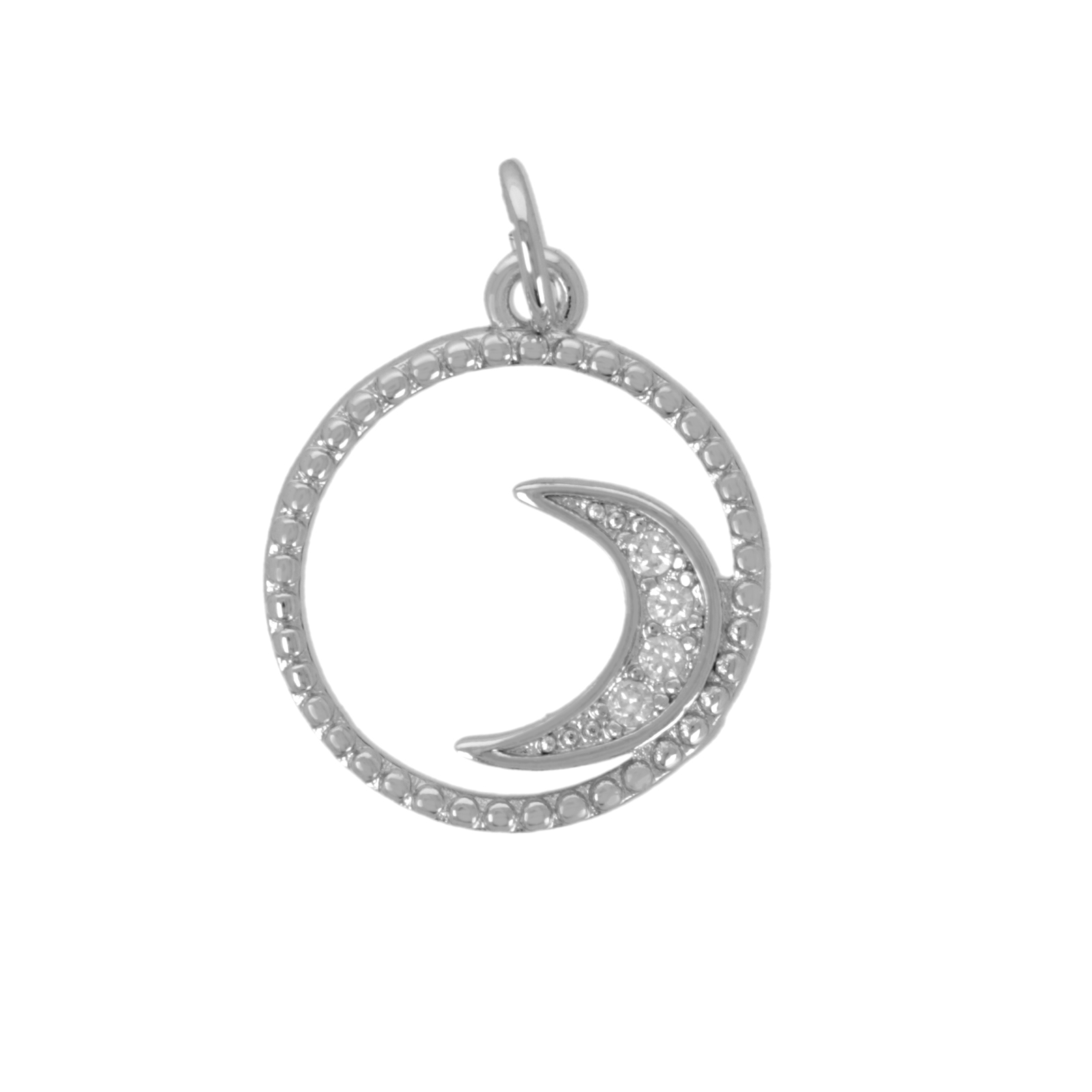 rhodium silver plated metal cz pendant - coin with moon 15mm | 1pc