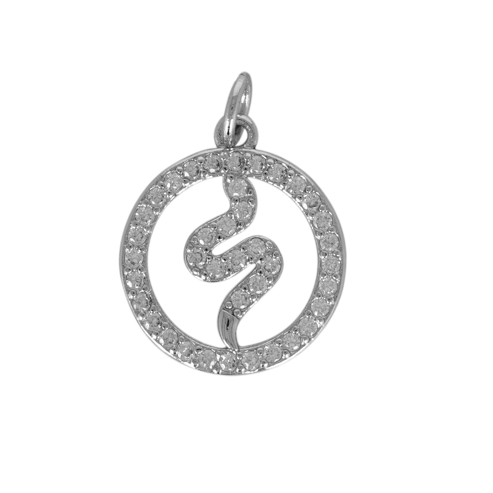 rhodium silver plated metal cz pendant - coin with snake 15mm | 1pc