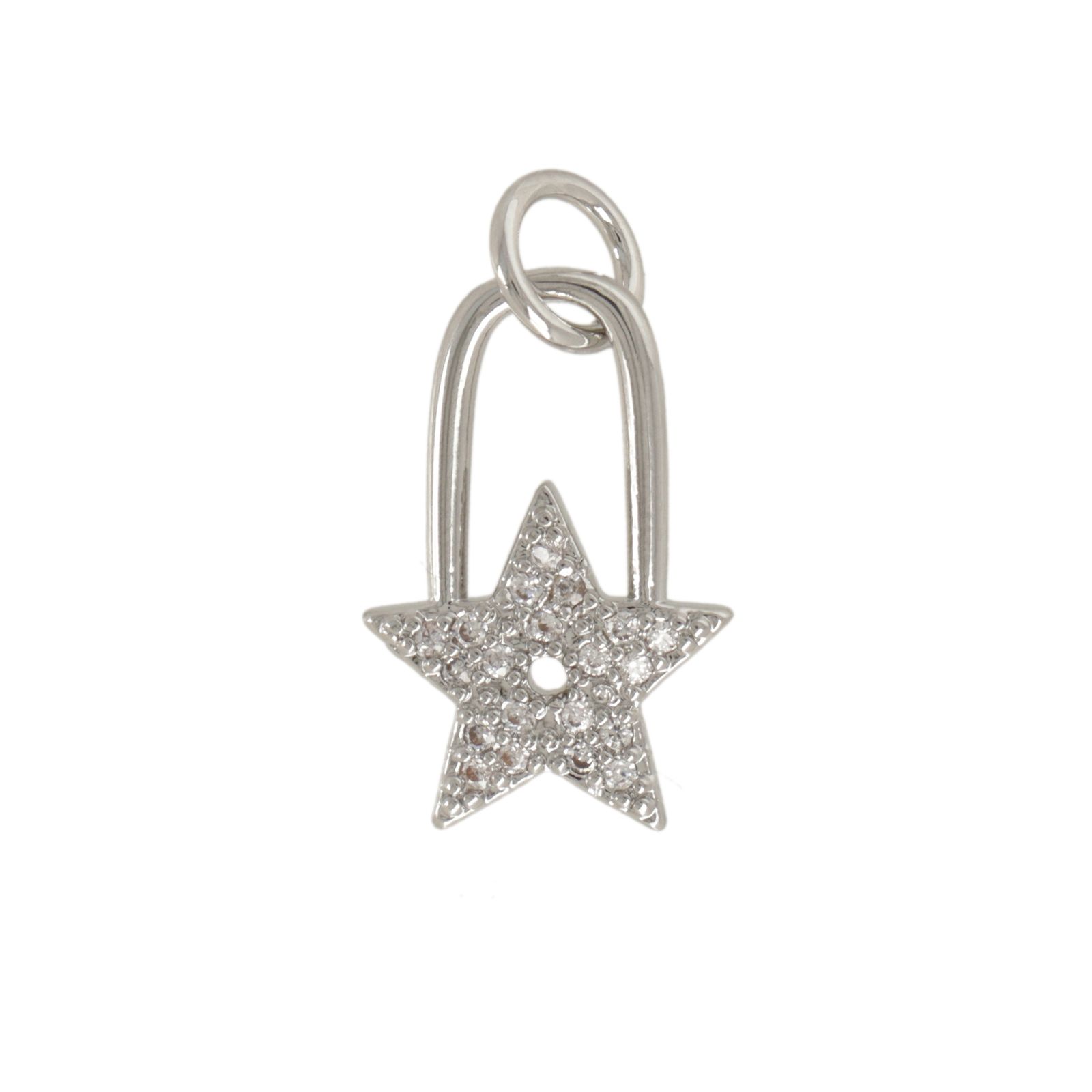 rhodium silver plated metal cz charm - star padlock 15x10mm | 1pc