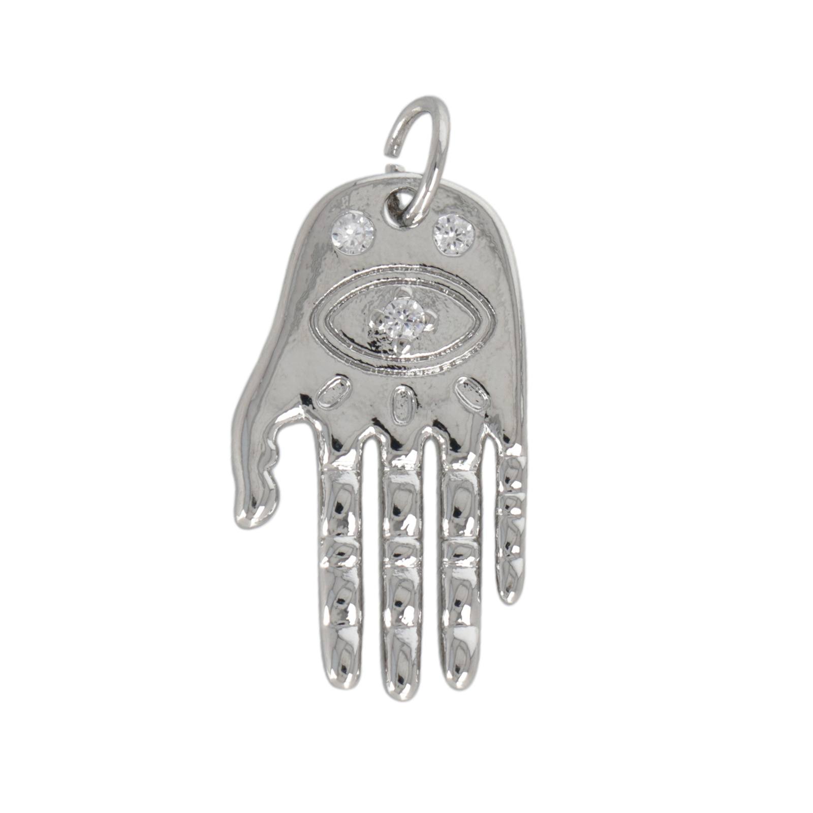 rhodium silver plated metal cz pendant - hand 25x14mm | 1pc