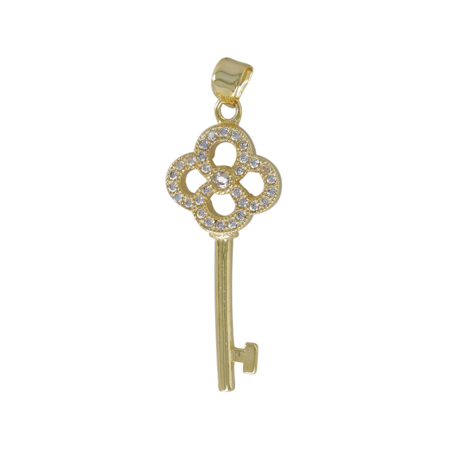 gold plated metal cz pendant - key 30x14mm | 1pc