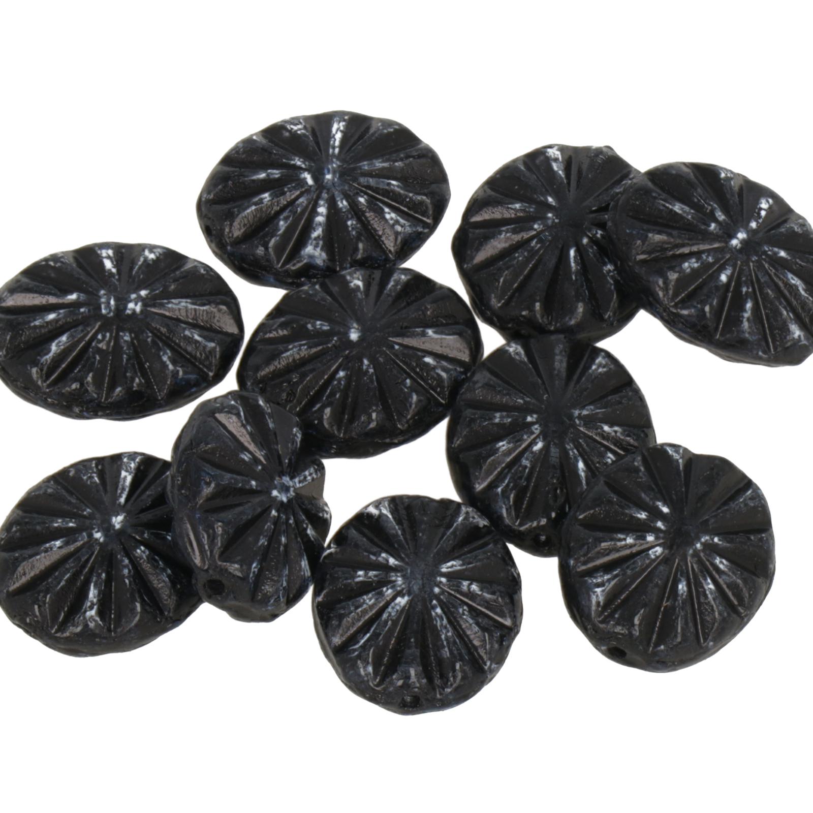 pressed czech glass beads - black/crystal carved ovale 14x12mm | 10pc