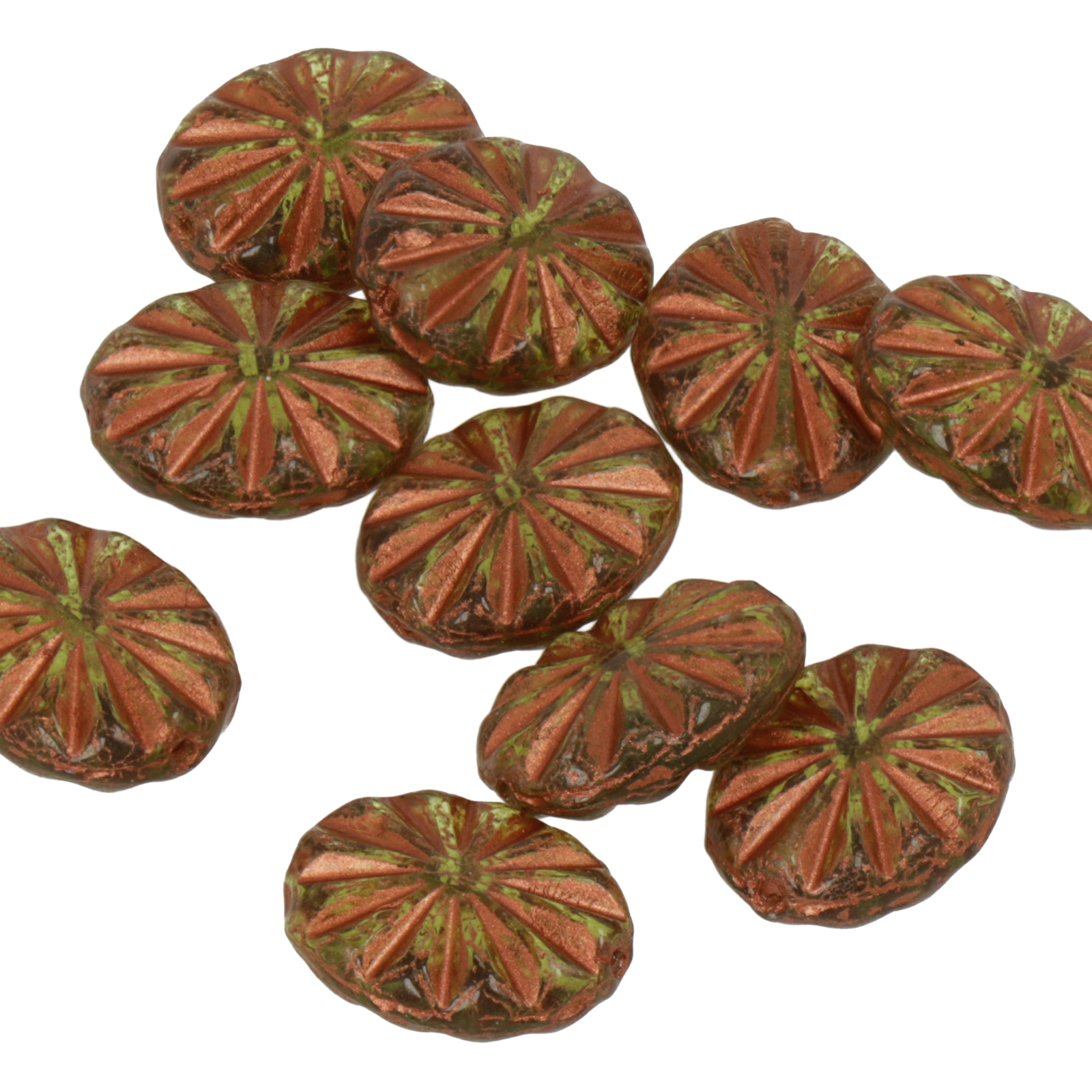 pressed czech glass beads - copper/peridot carved ovale 14x12mm | 10pc