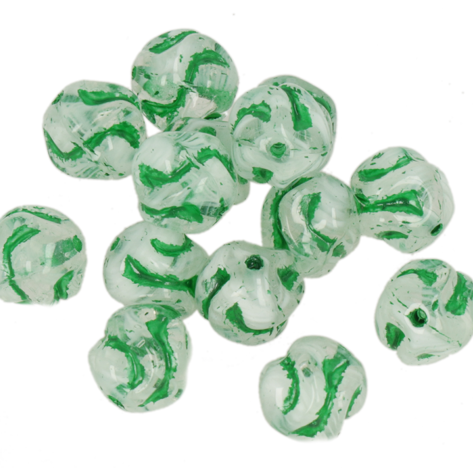 pressed czech glass beads - milky white/emerald yarn ball 8mm | 10pc