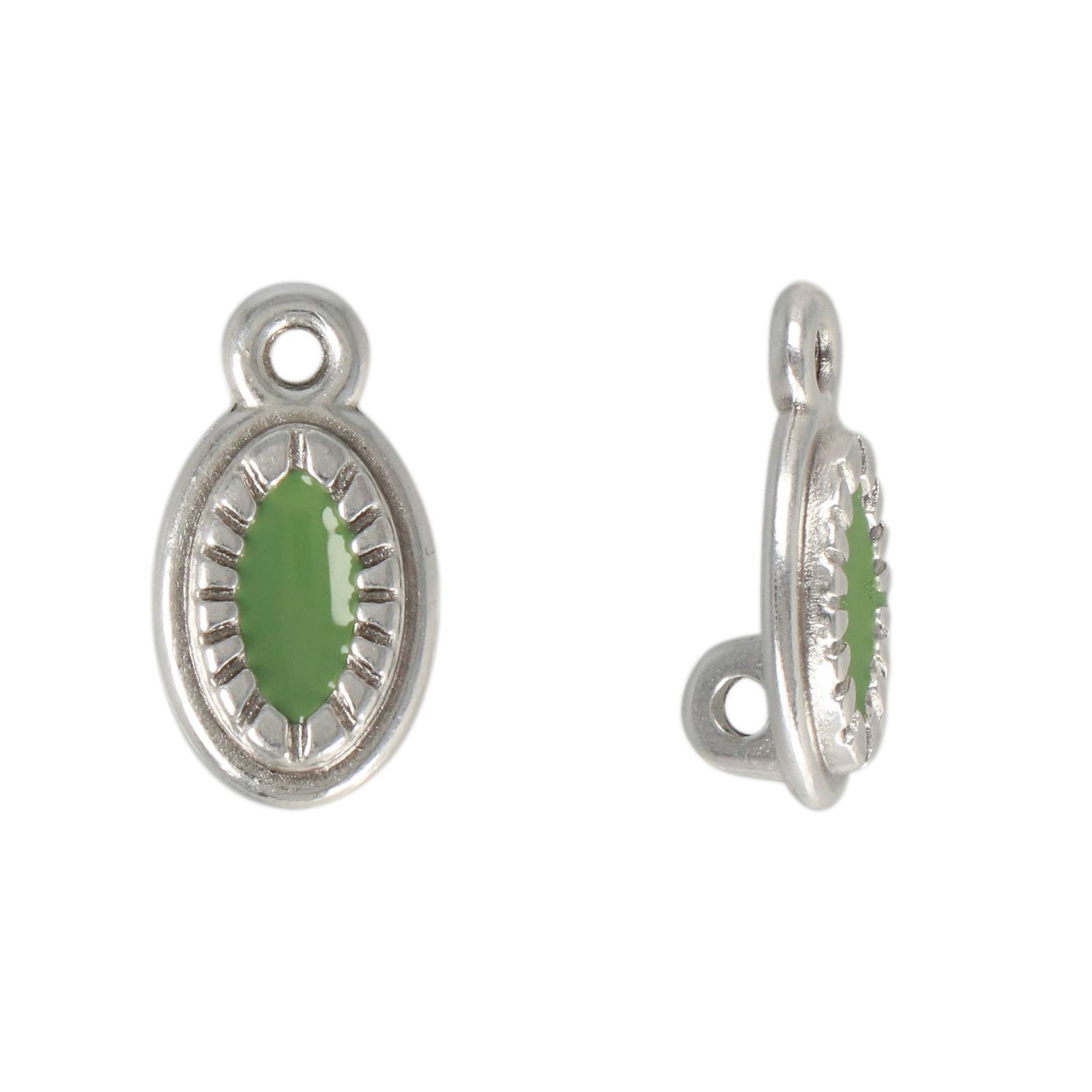 silver plated green enameled oval charm 12x8mm | 2pc