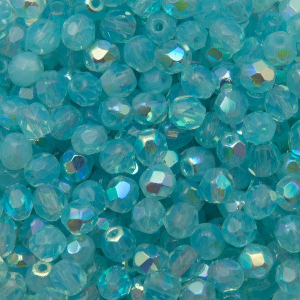 czech fire-polished round beads - milky light aquamarine ab 4mm | 50pc