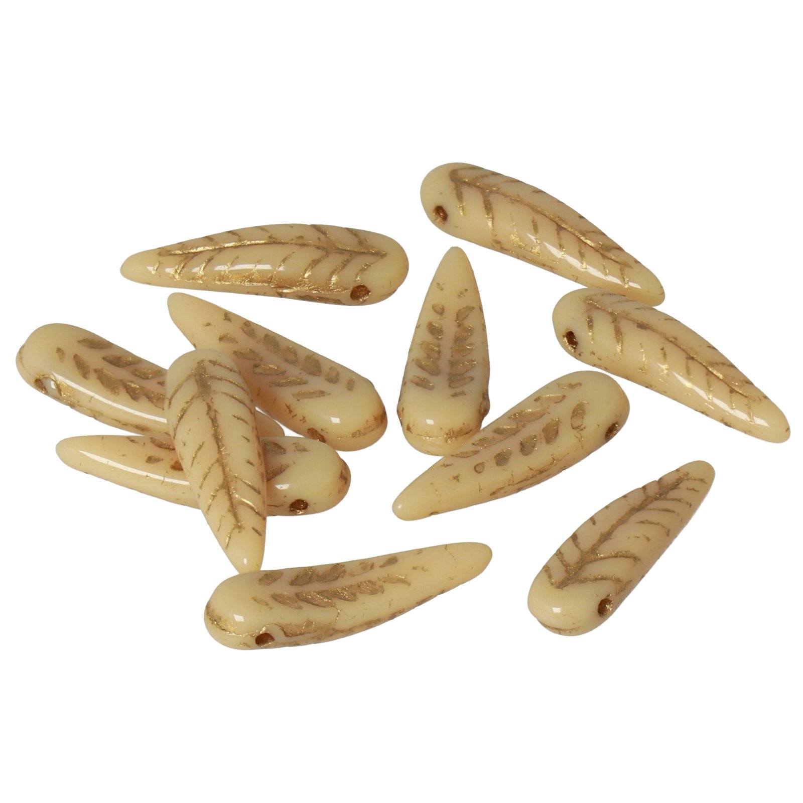 pressed czech glass beads - beige/gold feather 17x5mm | 12pc