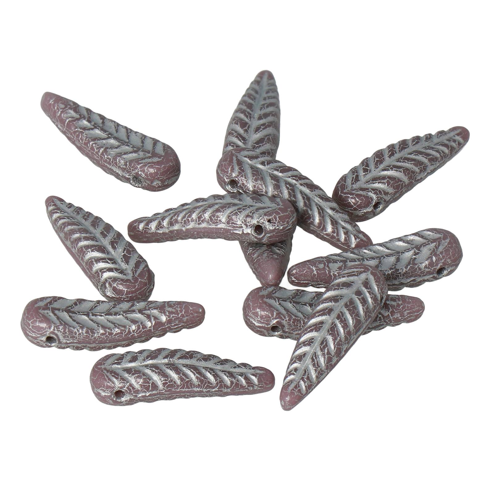 pressed czech glass beads - violet/silver feather 17x5mm | 12pc