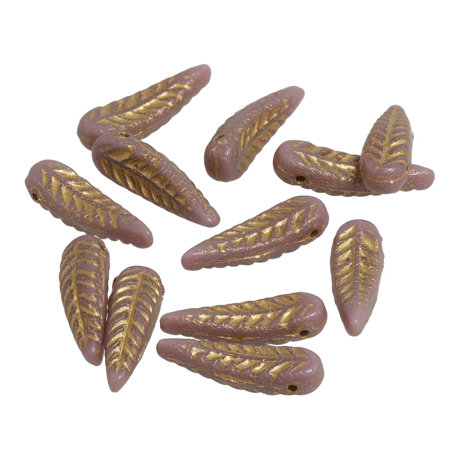 pressed czech glass beads - violet/gold feather 17x5mm | 12pc