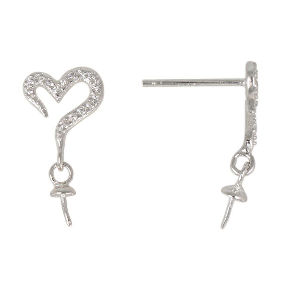 rhodium sterling silver half-drilled post earrings heart 12x10mm | 2pc