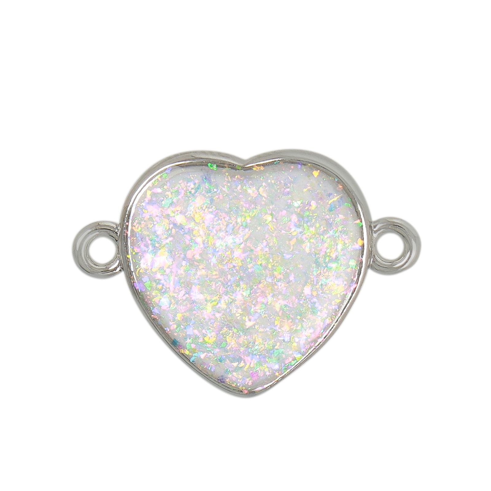 white opal jewels link rhodium silver plated heart 16mm | 1pc