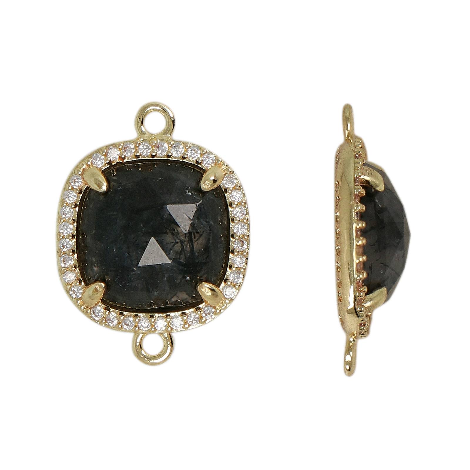 gold plated with cubic zirconia precious link black rutilated quartz square 19x13mm | 1pc