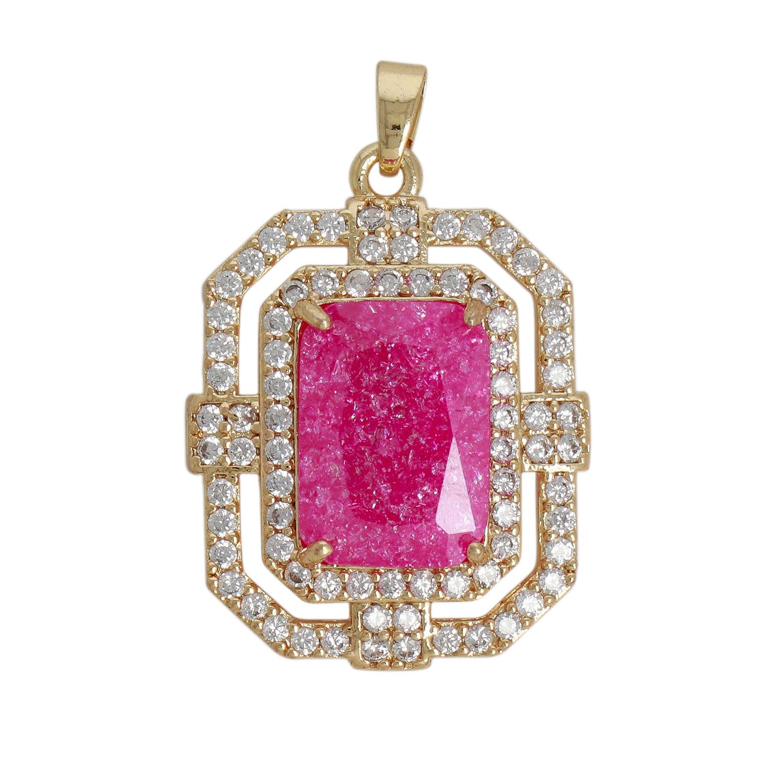 gold plated precious pendant cubic zirconia pink rectangle 25x20mm | 1pc