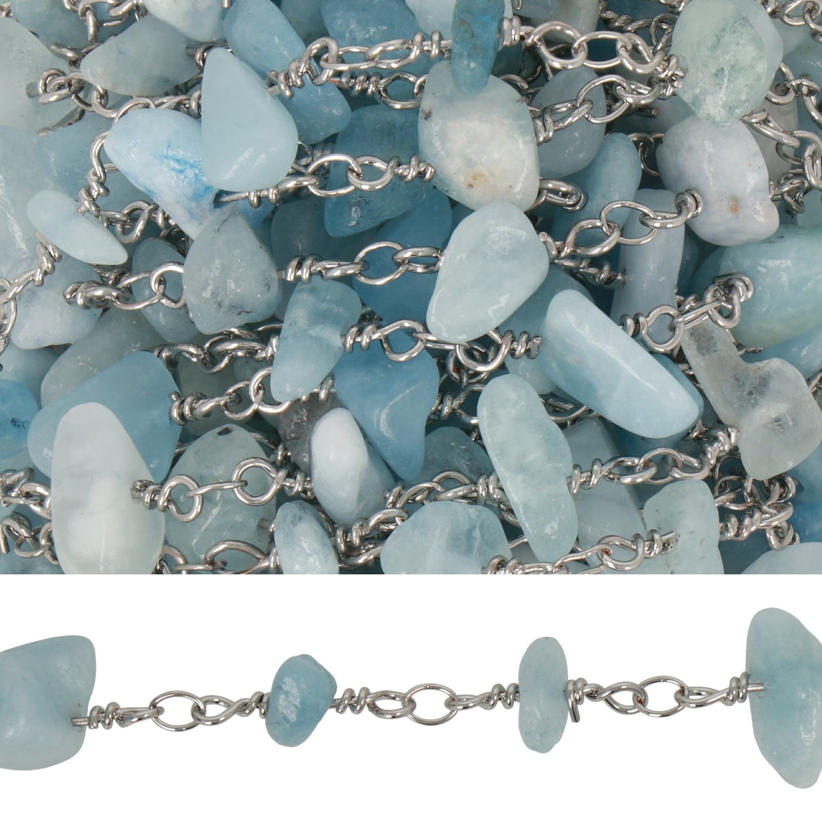 rosary chain rhodium silver plated aquamarine chips 5-10mm | 50cm